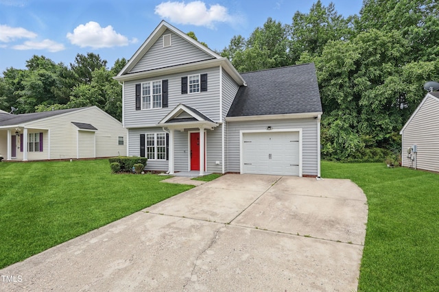 5408 Gunnette Dr, Raleigh, NC 27610 - view of front of house with an attached garage, a front lawn, driveway, and a shingled roof