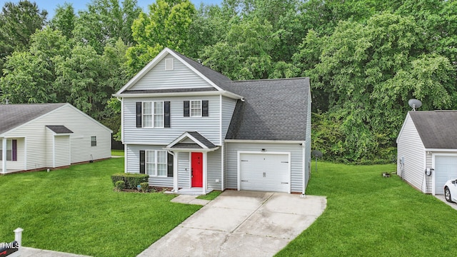 5408 Gunnette Dr, Raleigh, NC 27610 - view of front facade with driveway, a front yard, an attached garage, and roof with shingles