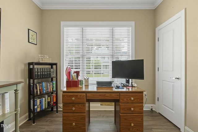1374 Patriot Points Way, Fuquay Varina, NC 27526 - office featuring crown molding, dark wood-style flooring, and baseboards