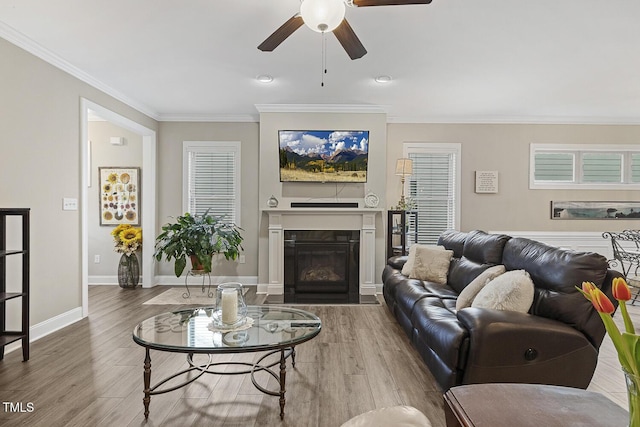 1374 Patriot Points Way, Fuquay Varina, NC 27526 - living area featuring ornamental molding, ceiling fan, a fireplace with flush hearth, wood finished floors, and baseboards