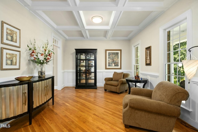 4021 Chaumont Dr, Apex, NC 27539 - living area with light wood-style flooring, coffered ceiling, beamed ceiling, and a wainscoted wall