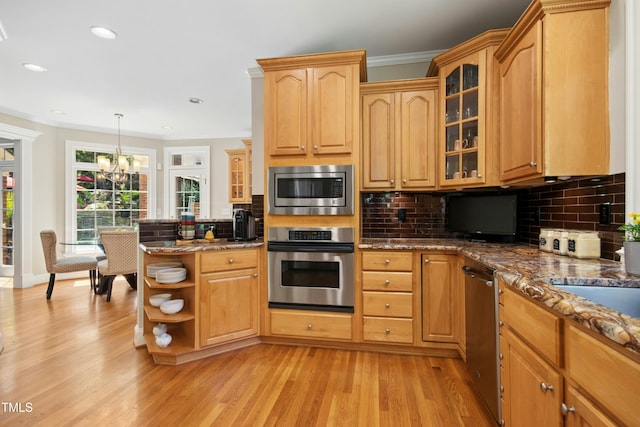 4021 Chaumont Dr, Apex, NC 27539 - kitchen with appliances with stainless steel finishes, light wood-type flooring, a peninsula, a chandelier, and open shelves