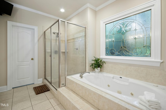 4021 Chaumont Dr, Apex, NC 27539 - full bath featuring a shower stall, a whirlpool tub, ornamental molding, tile patterned flooring, and healthy amount of natural light