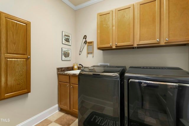 4021 Chaumont Dr, Apex, NC 27539 - laundry area featuring independent washer and dryer, crown molding, baseboards, and cabinet space
