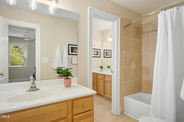 4021 Chaumont Dr, Apex, NC 27539 - full bathroom with vanity, tile patterned flooring, and shower / tub combo with curtain