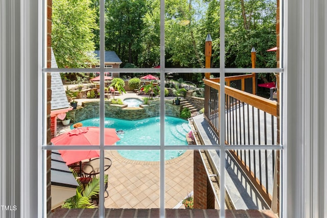 4021 Chaumont Dr, Apex, NC 27539 - view of swimming pool with a pool with connected hot tub and view of scattered trees
