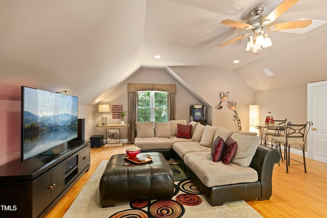 4021 Chaumont Dr, Apex, NC 27539 - living area with light wood finished floors, lofted ceiling, a ceiling fan, and recessed lighting