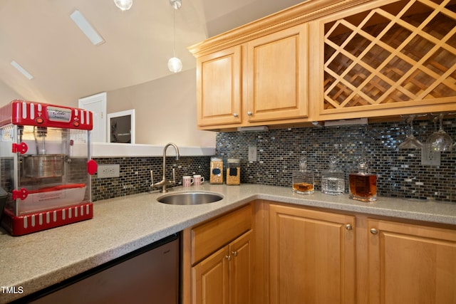 4021 Chaumont Dr, Apex, NC 27539 - kitchen featuring a sink, tasteful backsplash, light brown cabinets, and decorative light fixtures