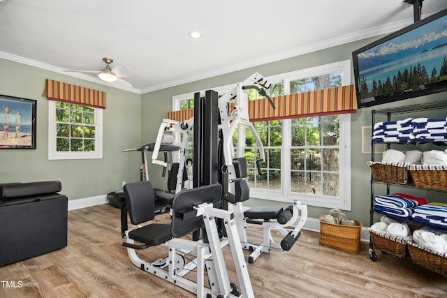 4021 Chaumont Dr, Apex, NC 27539 - exercise area with baseboards, ornamental molding, wood finished floors, recessed lighting, and ceiling fan