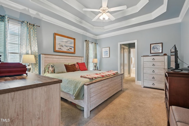 1149 The Preserve Trl, Chapel Hill, NC 27517 - bedroom featuring light colored carpet, ornamental molding, a raised ceiling, a ceiling fan, and ensuite bathroom