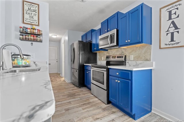 332 Dundee Cir, Raeford, NC 28376 - kitchen featuring appliances with stainless steel finishes, blue cabinetry, a sink, and light wood finished floors