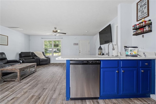 332 Dundee Cir, Raeford, NC 28376 - kitchen featuring dishwasher, ceiling fan, light wood-type flooring, open floor plan, and a sink