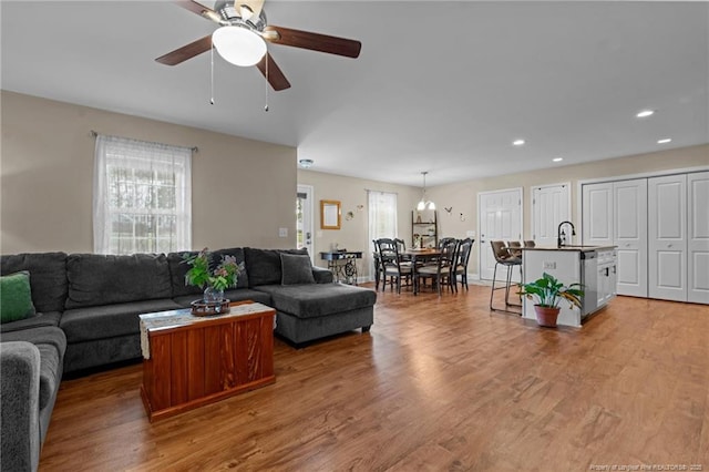 345 Pickett Cir, Vass, NC 28394 - living room with recessed lighting, wood finished floors, and a ceiling fan