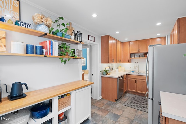 729 Mial St, Raleigh, NC 27608 - kitchen featuring open shelves, stainless steel appliances, ornamental molding, a sink, and recessed lighting