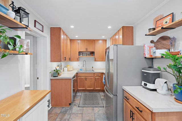 729 Mial St, Raleigh, NC 27608 - kitchen featuring open shelves, a sink, light countertops, stainless steel appliances, and crown molding