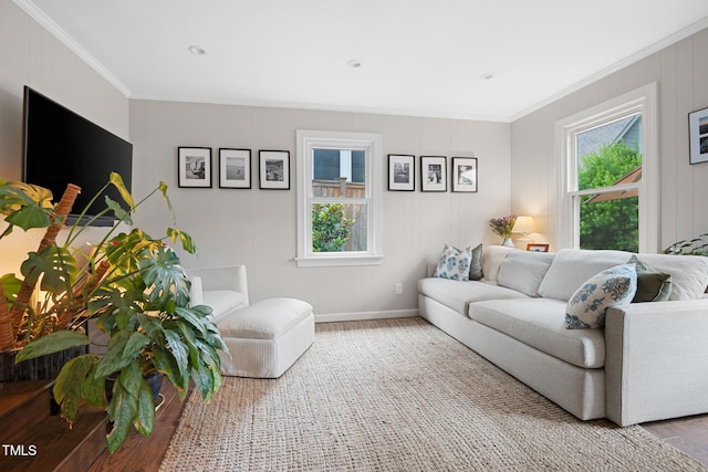 729 Mial St, Raleigh, NC 27608 - living room with healthy amount of natural light, crown molding, wood finished floors, and baseboards