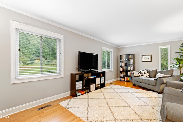 2805 Friendship Rd, Durham, NC 27705 - living area featuring healthy amount of natural light, crown molding, wood finished floors, and baseboards