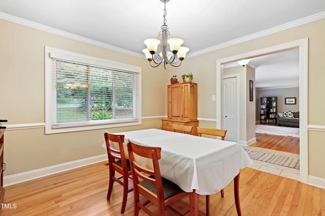 2805 Friendship Rd, Durham, NC 27705 - dining room with light wood finished floors, a chandelier, crown molding, and baseboards
