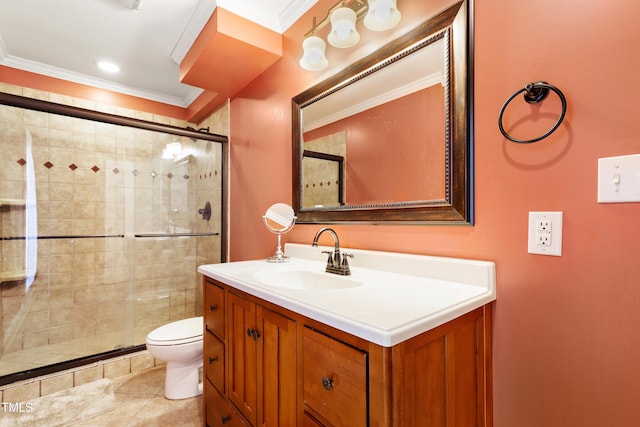 2805 Friendship Rd, Durham, NC 27705 - bathroom with toilet, a shower stall, ornamental molding, vanity, and tile patterned floors