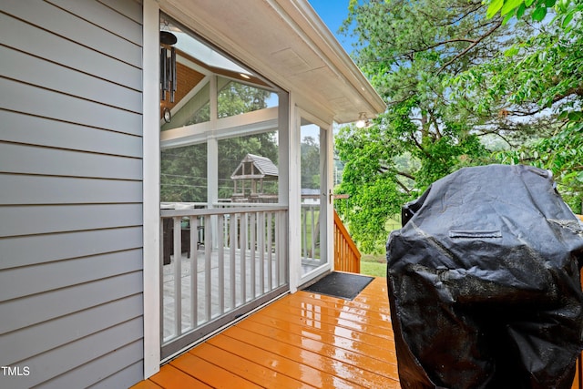 2805 Friendship Rd, Durham, NC 27705 - wooden terrace with grilling area and a sunroom
