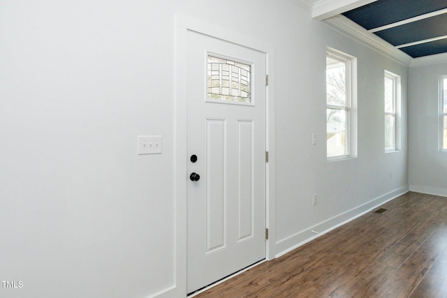 2517 Newbold St, Raleigh, NC 27603 - foyer entrance featuring ornamental molding, wood finished floors, and baseboards