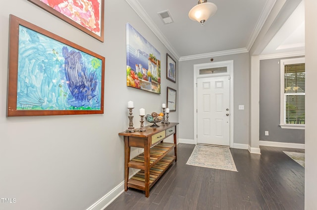 352 Fire Opal Ln, Holly Springs, NC 27540 - entrance foyer with baseboards, dark wood-type flooring, and ornamental molding