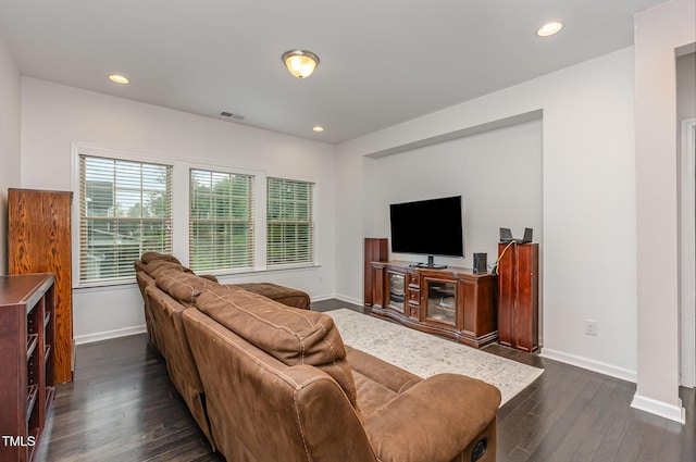 352 Fire Opal Ln, Holly Springs, NC 27540 - living room featuring dark wood finished floors, baseboards, and recessed lighting