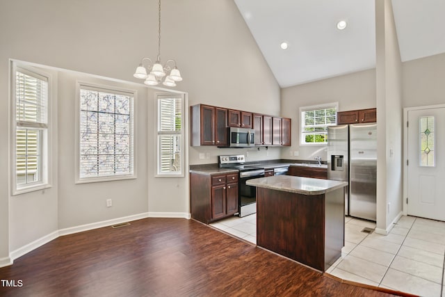 106 Gumdrop Path, Apex, NC 27502 - kitchen with appliances with stainless steel finishes, high vaulted ceiling, a chandelier, a sink, and light wood-style floors