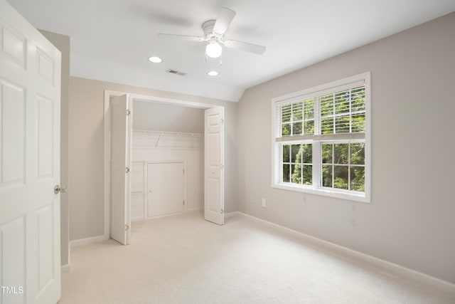 106 Gumdrop Path, Apex, NC 27502 - unfurnished bedroom with light colored carpet, baseboards, a closet, recessed lighting, and ceiling fan