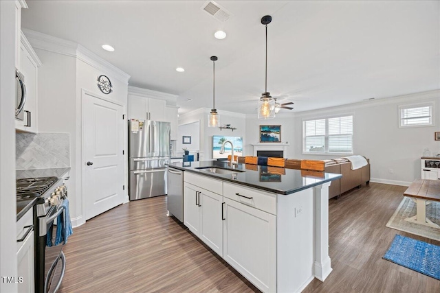 247 Axis Deer Ln, Garner, NC 27529 - kitchen featuring stainless steel appliances, a sink, open floor plan, a ceiling fan, and dark countertops