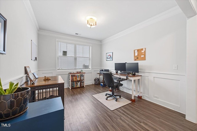 247 Axis Deer Ln, Garner, NC 27529 - office with ornamental molding, dark wood-type flooring, and a wainscoted wall