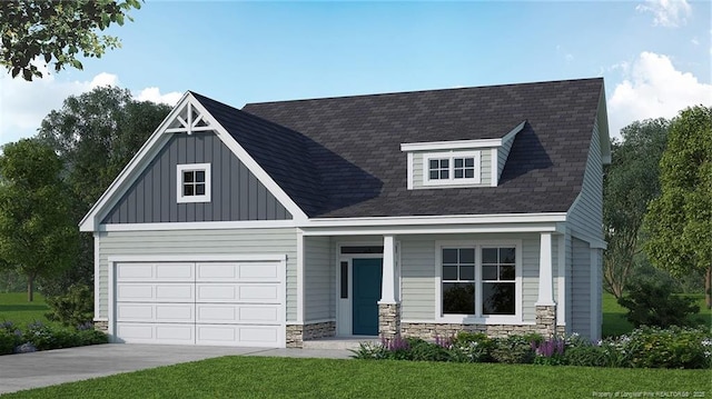 657 Southerland Peak Dr, Raeford, NC 28376 - view of front of property featuring stone siding, a front lawn, concrete driveway, and covered porch