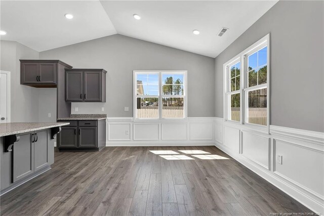 91 Laramie Ln, Selma, NC 27576 - kitchen featuring a wainscoted wall, lofted ceiling, light stone countertops, dark wood-style flooring, and recessed lighting