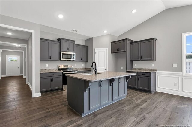 91 Laramie Ln, Selma, NC 27576 - kitchen featuring appliances with stainless steel finishes, lofted ceiling, plenty of natural light, a sink, and light stone counters