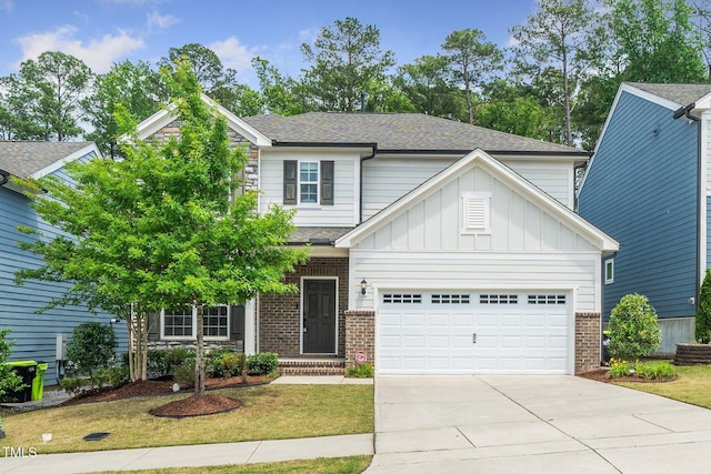 2619 Bordwell Grant Dr, New Hill, NC 27562 - craftsman-style home featuring brick siding, roof with shingles, driveway, board and batten siding, and a front lawn