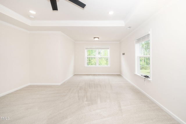 2619 Bordwell Grant Dr, New Hill, NC 27562 - spare room with light carpet, ornamental molding, ceiling fan, baseboards, and a raised ceiling