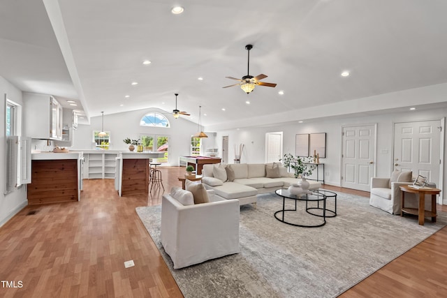 307 Country Club Dr, Durham, NC 27712 - living area featuring a ceiling fan, vaulted ceiling, light wood finished floors, and recessed lighting