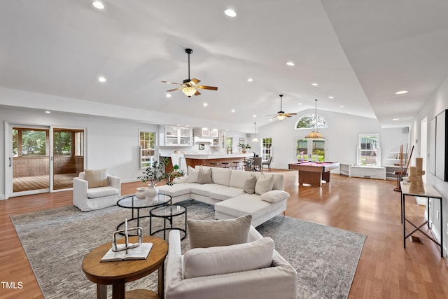 307 Country Club Dr, Durham, NC 27712 - living area with a ceiling fan, lofted ceiling, healthy amount of natural light, recessed lighting, and light wood-style floors