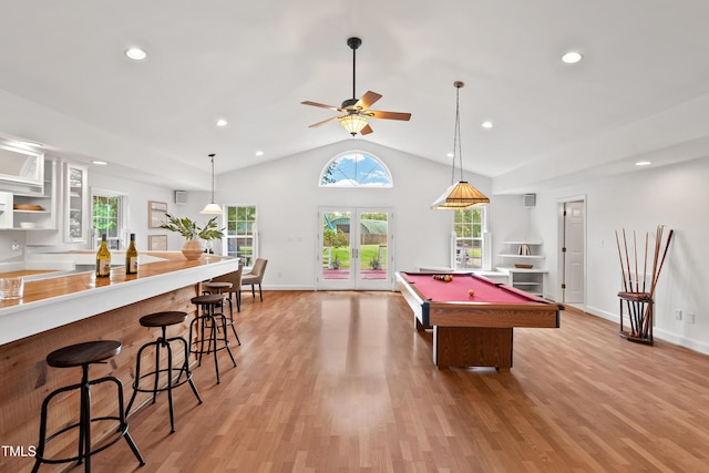 307 Country Club Dr, Durham, NC 27712 - playroom with light wood-style flooring, french doors, lofted ceiling, pool table, and recessed lighting