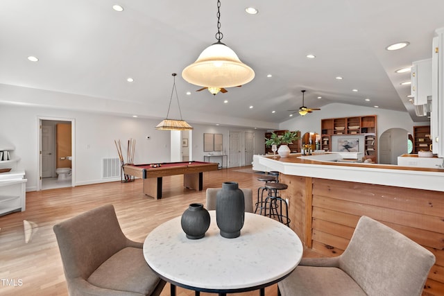 307 Country Club Dr, Durham, NC 27712 - dining room with lofted ceiling, pool table, recessed lighting, light wood-type flooring, and ceiling fan