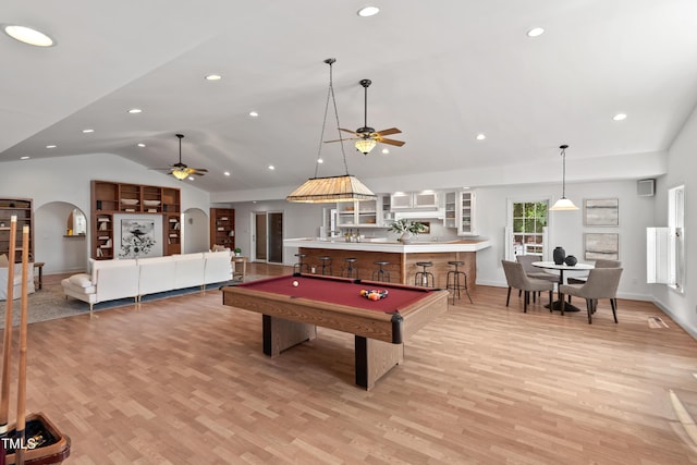 307 Country Club Dr, Durham, NC 27712 - game room with a ceiling fan, lofted ceiling, pool table, arched walkways, and light wood finished floors