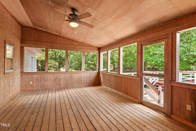 307 Country Club Dr, Durham, NC 27712 - unfurnished sunroom featuring ceiling fan, hardwood / wood-style floors, a deck, wooden walls, and lofted ceiling