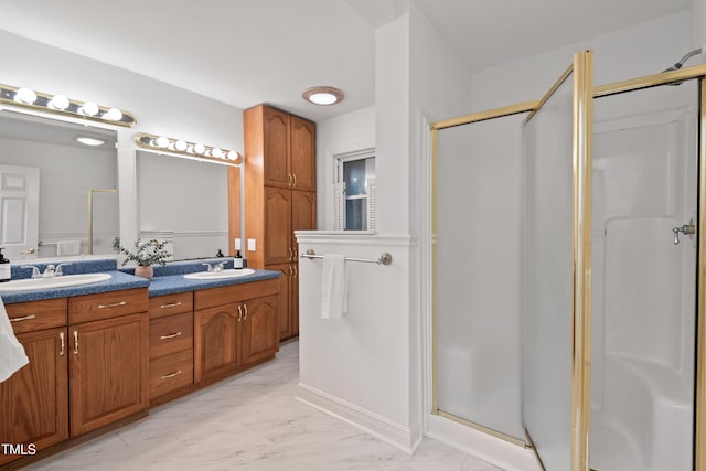 307 Country Club Dr, Durham, NC 27712 - bathroom featuring marble finish floors, a shower stall, and double vanity
