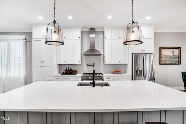 606 Velma Hopkins Ln, Raleigh, NC 27603 - kitchen with stainless steel refrigerator with ice dispenser, wall chimney exhaust hood, a spacious island, recessed lighting, and light countertops
