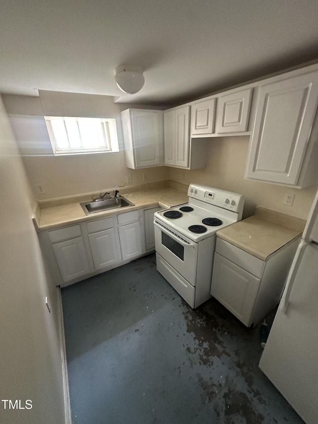 2503 Chapel Hill Rd, Durham, NC 27707 - kitchen featuring white electric stove, unfinished concrete floors, white cabinetry, a sink, and light countertops