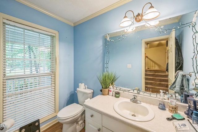115 Redbay Ln, Clayton, NC 27527 - bathroom featuring ornamental molding, toilet, vanity, and wood finished floors