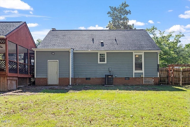 111 Mcdole Cir, Cary, NC 27511 - back of house with a shingled roof, crawl space, a sunroom, and central AC unit
