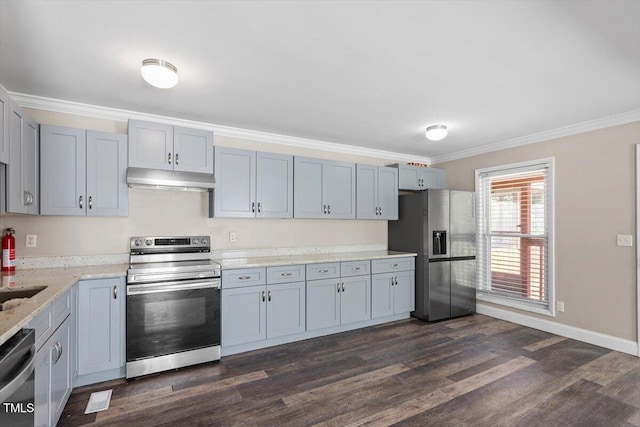 111 Mcdole Cir, Cary, NC 27511 - kitchen featuring stainless steel appliances, under cabinet range hood, ornamental molding, dark wood-type flooring, and light stone counters