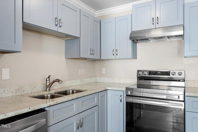 111 Mcdole Cir, Cary, NC 27511 - kitchen with appliances with stainless steel finishes, range hood, a sink, light stone counters, and ornamental molding