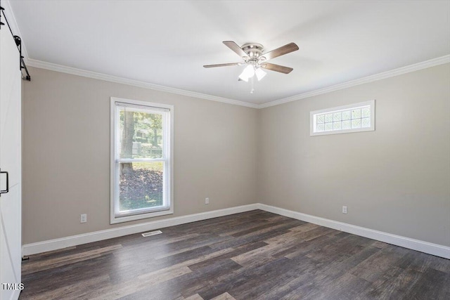 111 Mcdole Cir, Cary, NC 27511 - unfurnished room featuring plenty of natural light, dark wood-type flooring, ceiling fan, ornamental molding, and baseboards